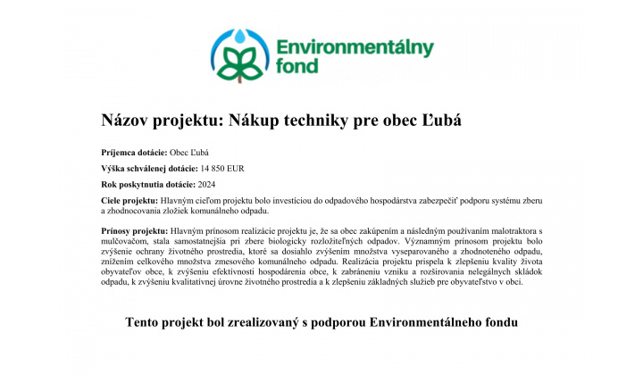 Nákup techniky pre obec Ľubá