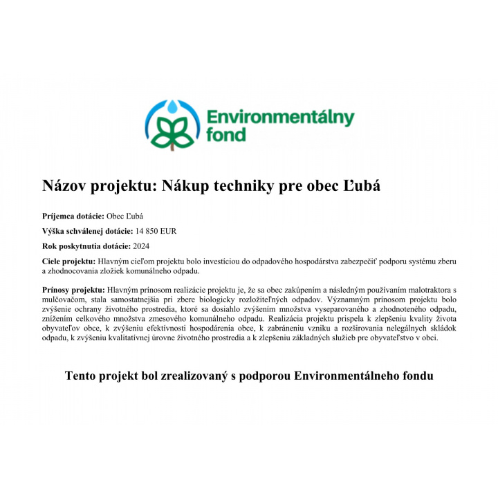 Nákup techniky pre obec Ľubá